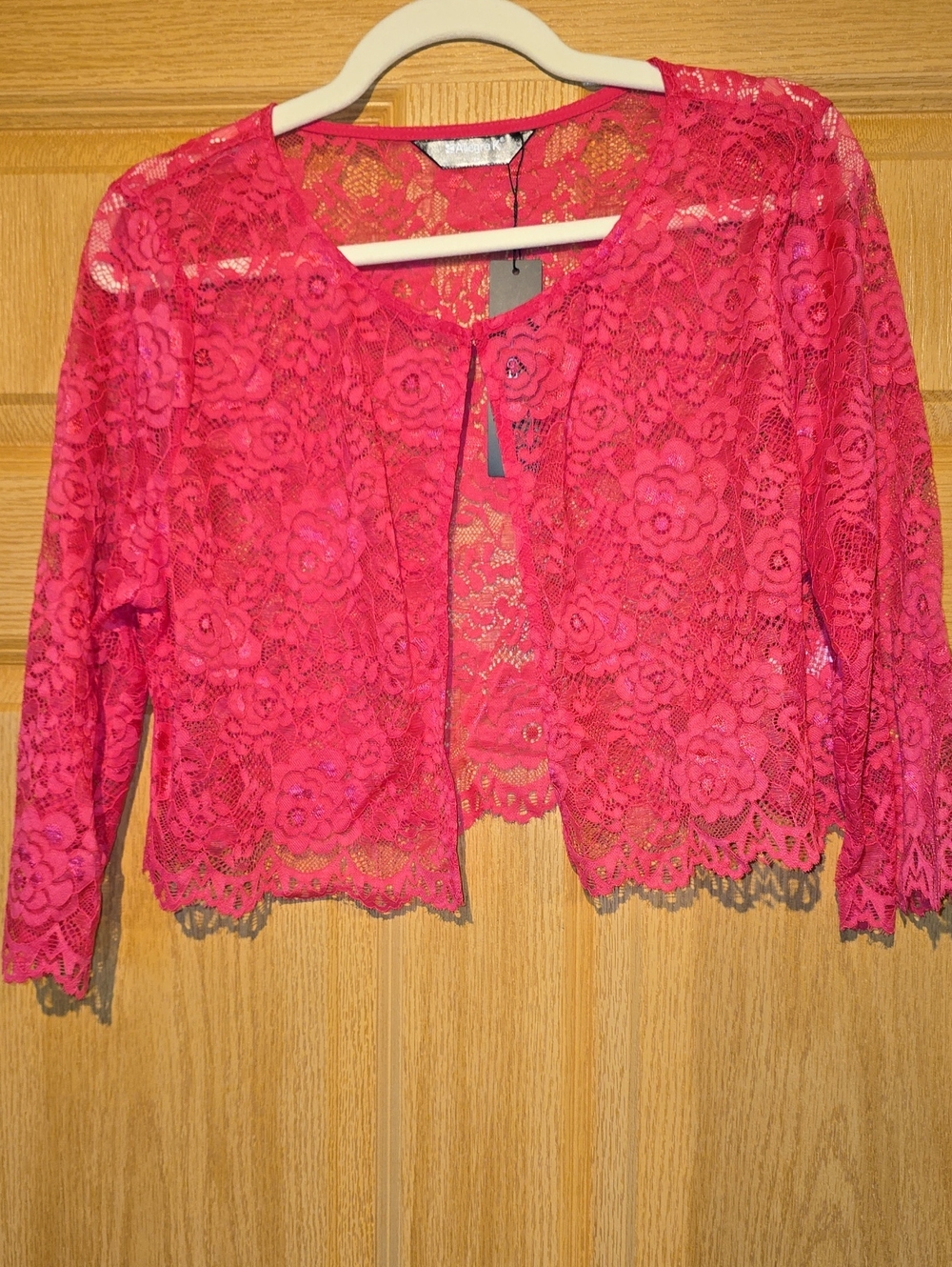 Allegra K Hot Pink Lace Cropped Cardigan